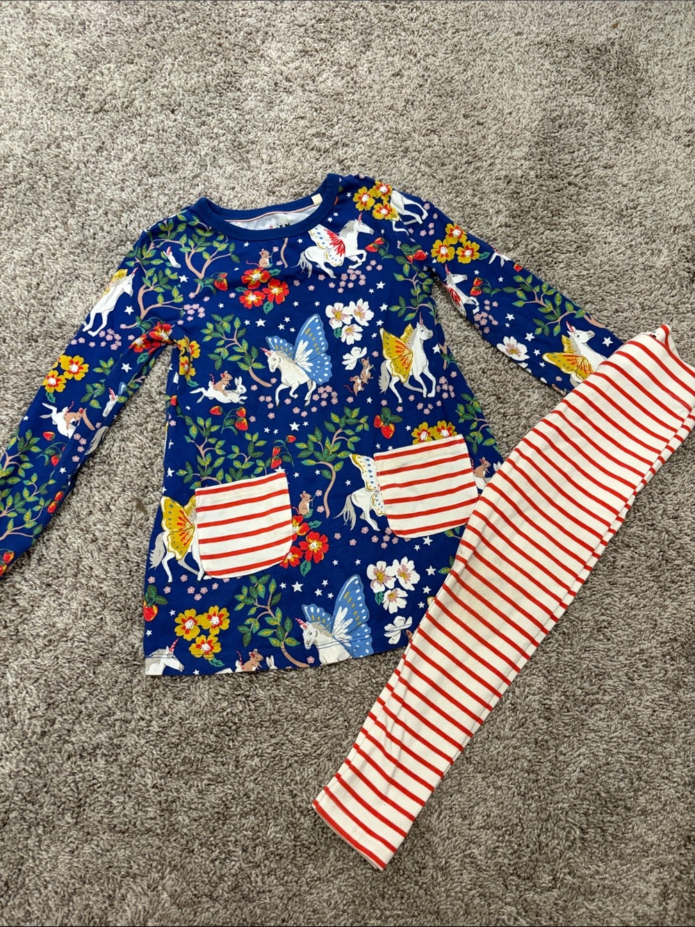 GUC Mini Boden Print Tunic & Leggings Set Nlue Enchanted Unicorn Sz 5/6